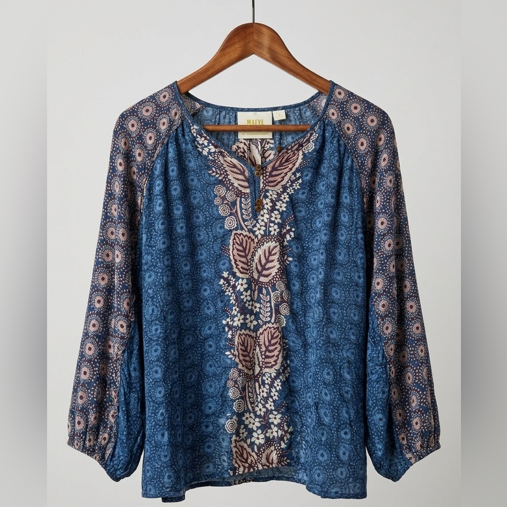 Anthropologie Maeve Letizia Blue Floral Peasant Blouse Boho Top S